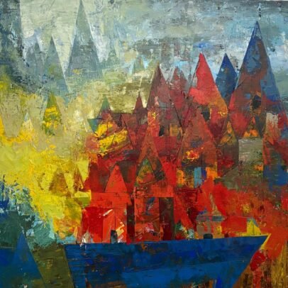 Original acrylic painting by Vimal Mangla depicting an abstract harbor village with vibrant red geometric structures, textured layers, and deep blue waterfront elements.