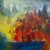 Original acrylic painting by Vimal Mangla depicting an abstract harbor village with vibrant red geometric structures, textured layers, and deep blue waterfront elements.
