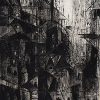 Original monochrome abstract cityscape artwork by Vimal Mangla featuring layered architectural forms, intricate line work, and dramatic black-and-white textures.