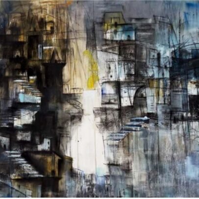 Original abstract urban cityscape painting by Vimal Mangla featuring layered architectural structures, textured surfaces, atmospheric tones, and contemporary mixed-media expression